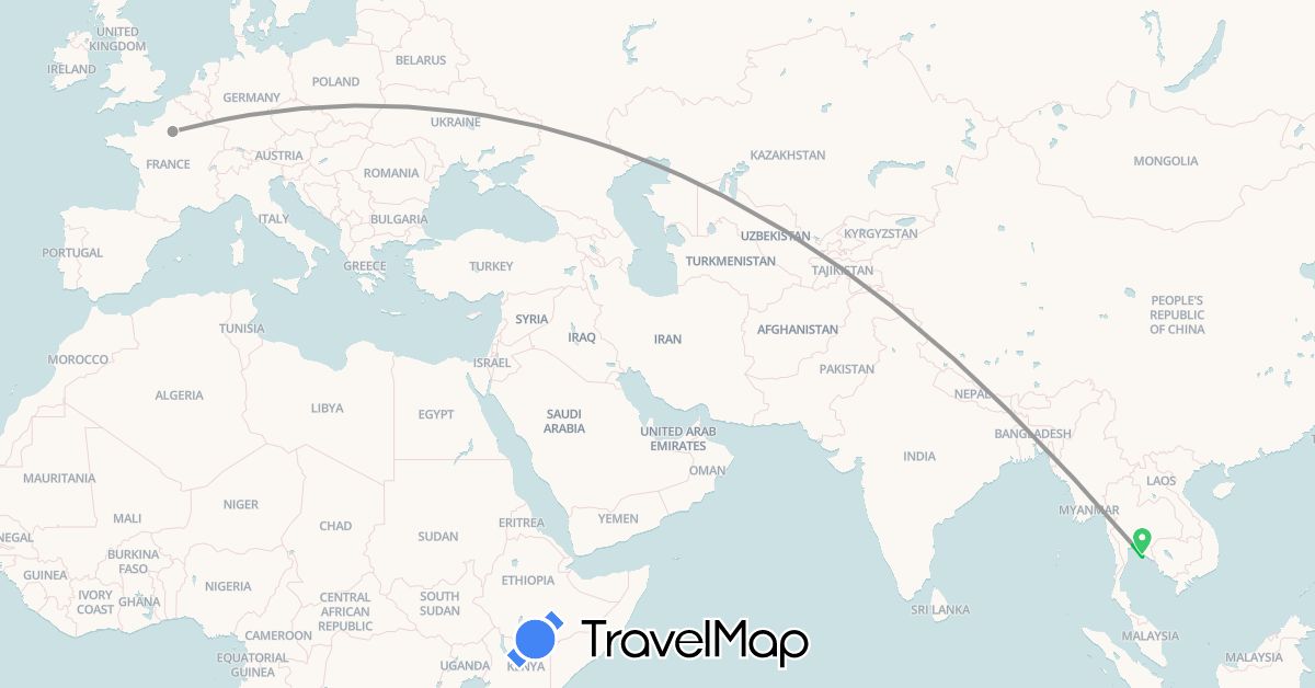 TravelMap itinerary: driving, bus, plane in France, Thailand (Asia, Europe)
